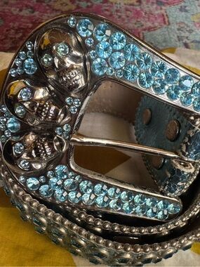 B.B. Simon Blue Crystal Skull Buckle Belt